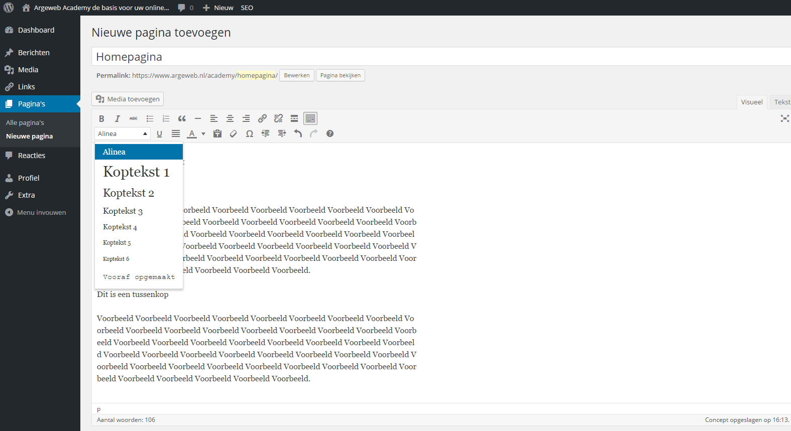 Koptekst toevoegen WordPress