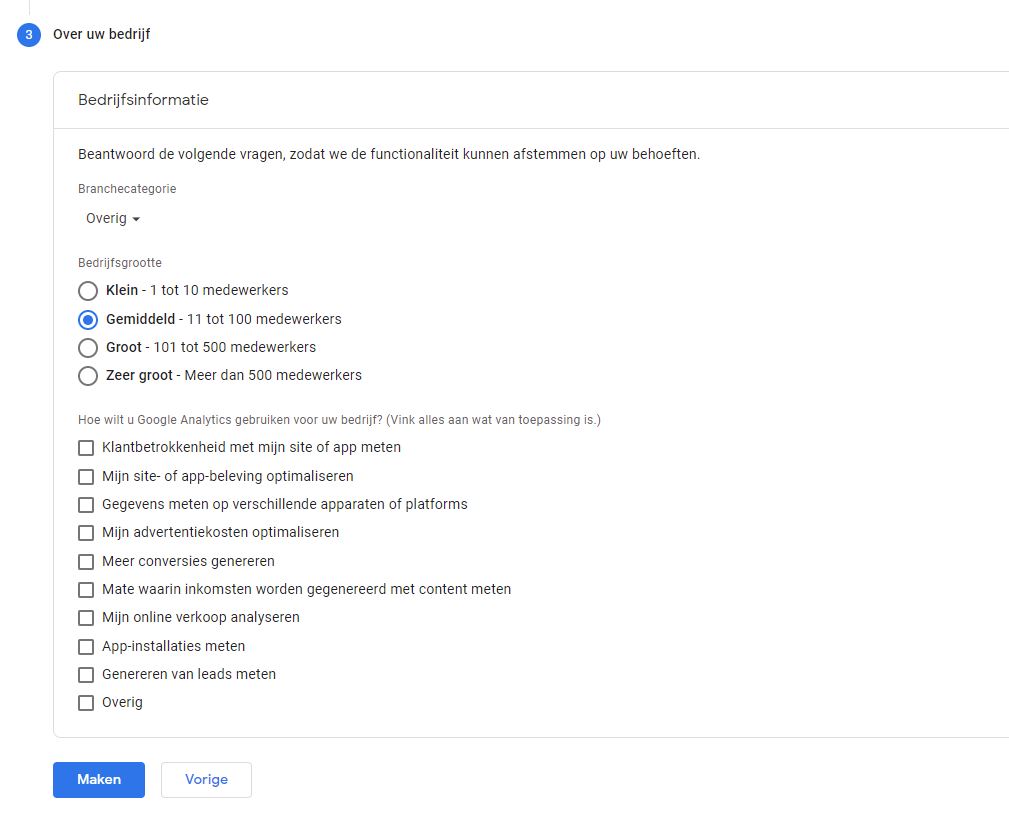 google analytics bedrijfsinformatie invullen