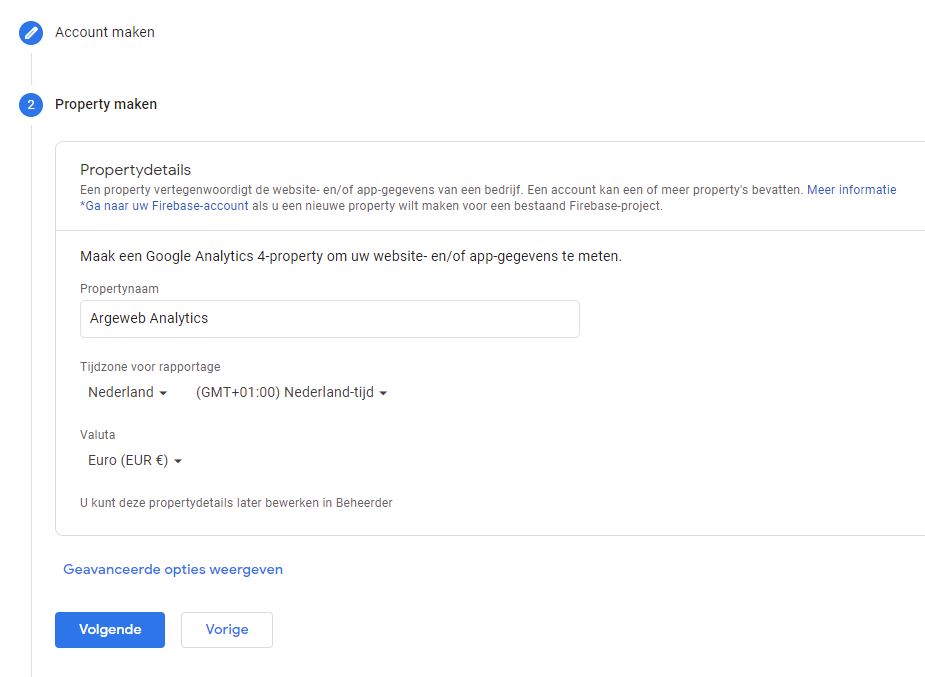 google analytics property aanmaken