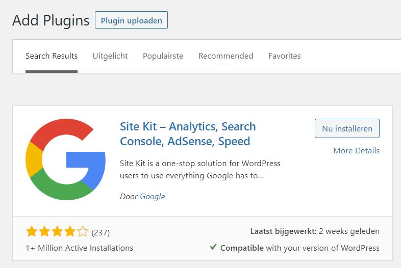 site kit plugin toevoegen