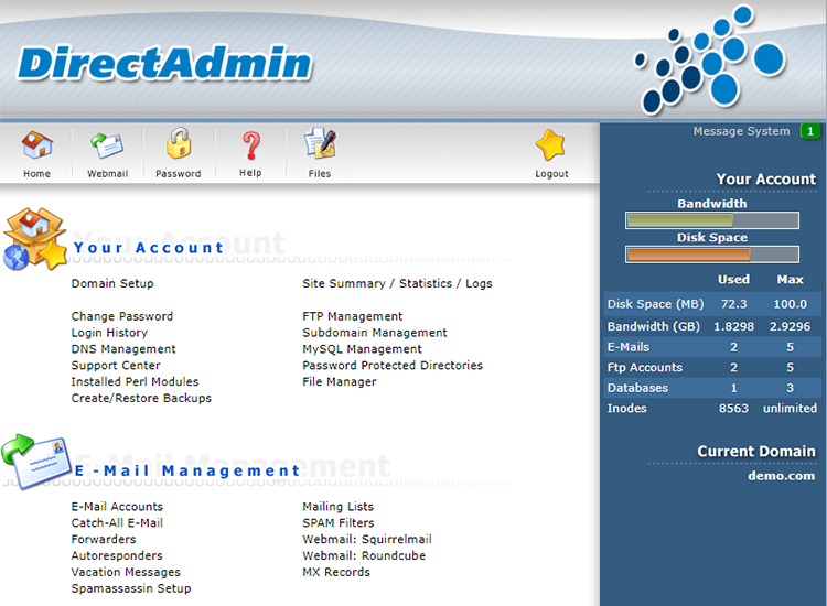 directadmin interface