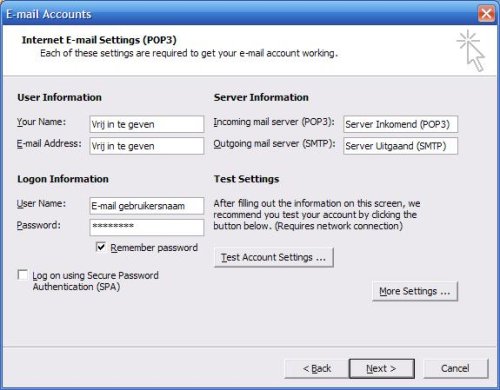 Gegevens van uw mailadres invoeren in Outlook 2003