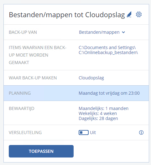 Acronis backup taak planning Acronis backup taak planning