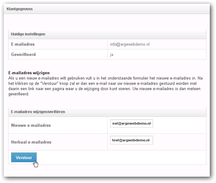 Klantgegevens wijzigen - e-mailadres Argeweb