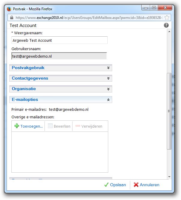 Outlook Web App- eigenschappen account