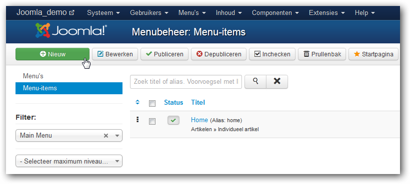Menu items aanmaken Menu items aanmaken