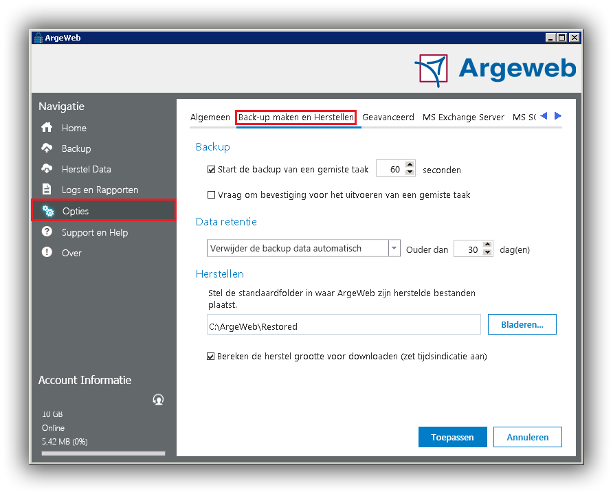 Opties Back-up maken en Herstellen Opties Back-up maken en Herstellen