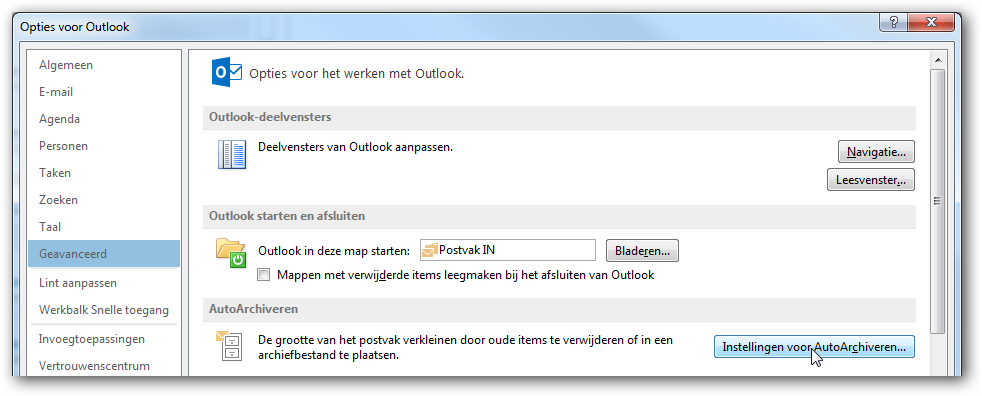 Instellingen voor AutoArchiveren